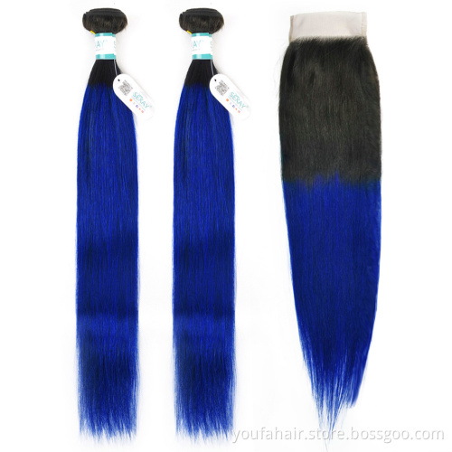 10A Peruvian Raw 100% Human Hair 1B/Blue Ombre Colour Body Wave Cuticle Aligned Mink Hair Weaves Extension with Lace Closure